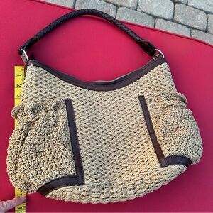 Brighton Woven Straw Handbag Shoulder purse brown leather trim size large